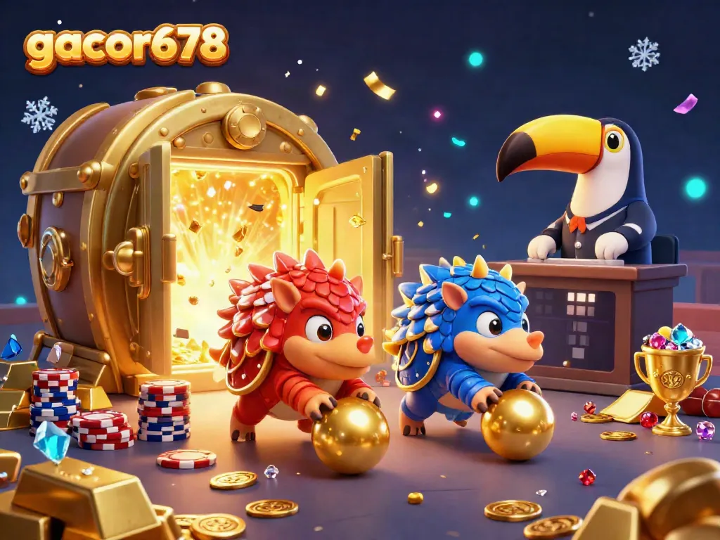 Experience thrilling gameplay at gacor678 with rival pangolins competing amidst golden treasures in an exciting casino scene.
