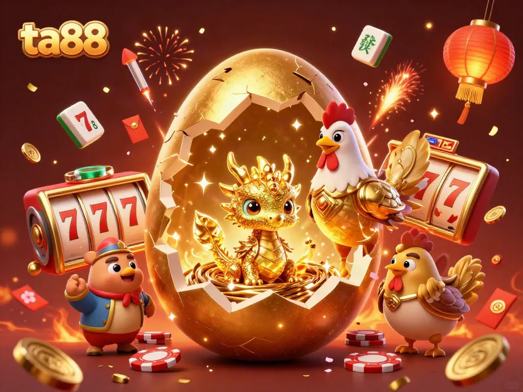 Experience the thrill of ta88 with a golden dragon amidst poker chips and festive casino elements.