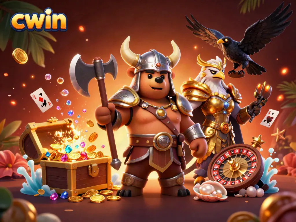 Experience thrilling casino gameplay with CWIN in a vibrant 3D illustration full of action.