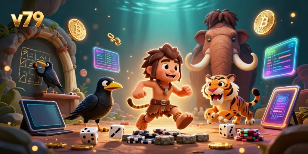 Experience casino fun with v79 and enchanting elements like crypto coins and gaming characters.