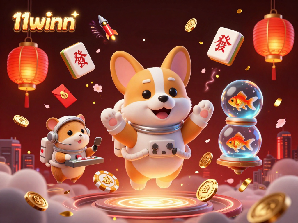 Engage with the vibrant 11winn space station casino scene featuring an astronaut corgi, floating poker elements, and magical effects.