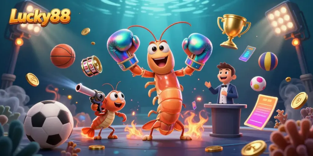 Experience excitement with Lucky88 featuring cartoon characters and sports gaming elements exploding around them.