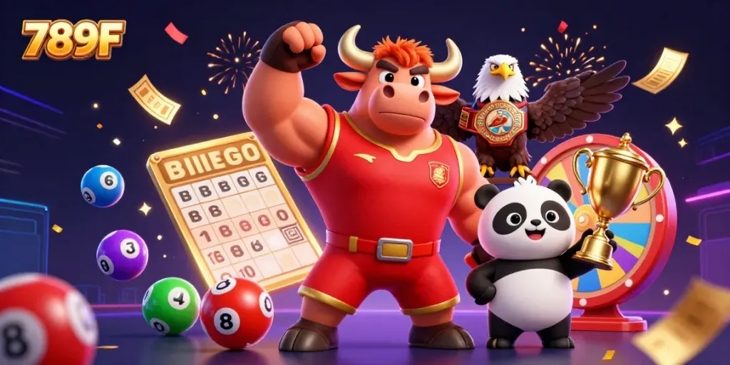 Engage in thrilling gameplay with 789F's exciting lottery elements and joyful mascot characters celebrating victory.