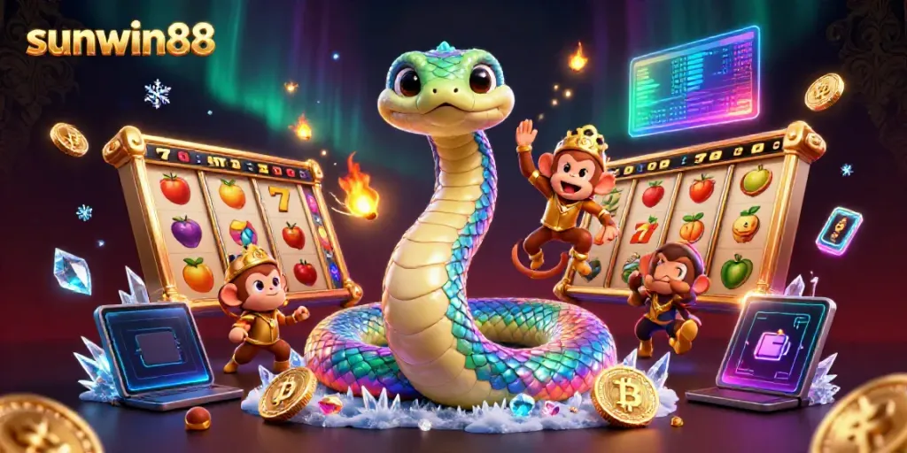 Experience the vibrant magic of sunwin88 with an enchanting 3D casino scene featuring colorful characters and slot elements.