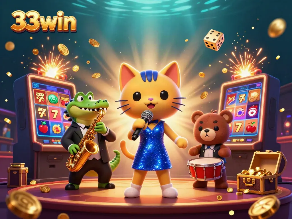Experience the vivid excitement of 33win with an animated casino scene featuring a jazz band and jackpot elements.