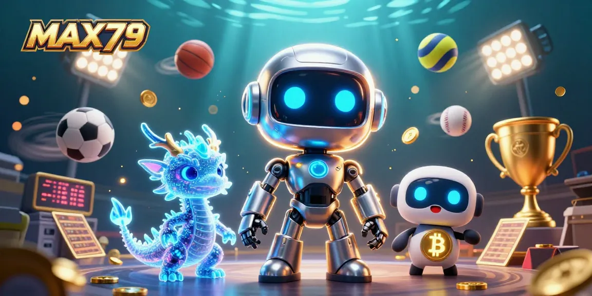 MAX79 showcases a vibrant 3D illustration featuring a cyberpunk robot, AI dragon, and drone, engaging in thrilling gambling.