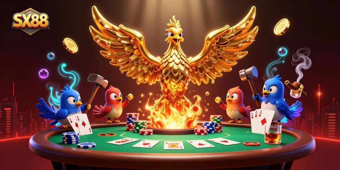 SX88 casino scene featuring a molten gold phoenix and poker elements capturing gambling excitement.