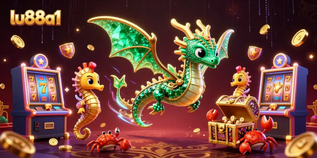 Experience thrilling jackpots at lu88a1, featuring a majestic sea dragon and vibrant slot machines.