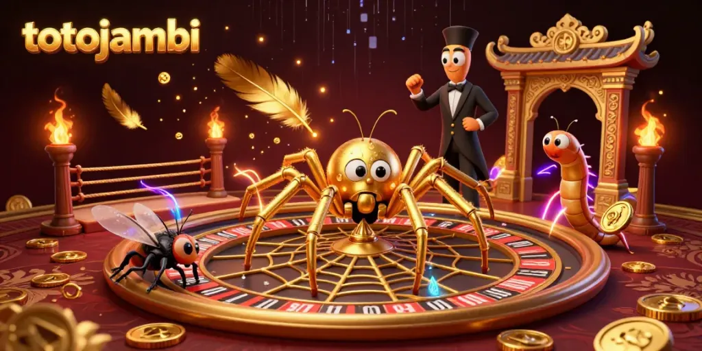 Experience thrilling action at totojambi with golden spider and centipede in an exciting casino scene.