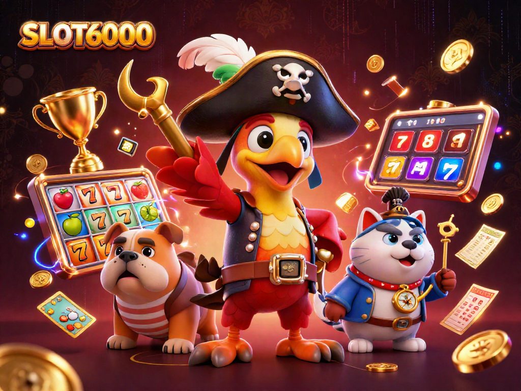 SLOT6000 pirate scene with dynamic slot reels and animated casino elements.