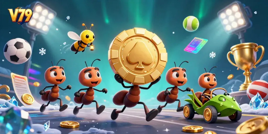 Experience the thrill of V79 with a cartoon heist scene featuring ants, sports elements, and golden chips.