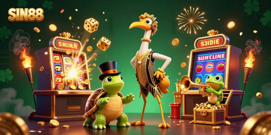 SIN88 features a dynamic casino scene with a 3D cartoon crane, turtle, and frog celebrating a jackpot.